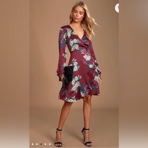 Love is Life Wine Red Floral Print Satin Wrap Dress